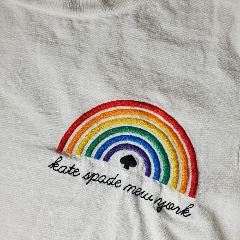 kate spade white rainbow embroidered women's short sleeve top size xl euc